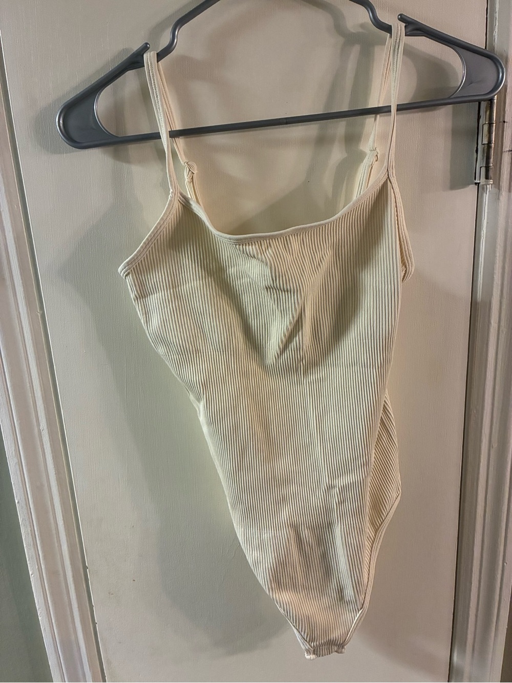 OQQ Women's Beige Ribbed Body Suit Sleeveless with Spaghetti Straps Size M